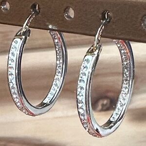Elegant Silver & Gold Hoop Earrings with Crystal set in white Enamel.